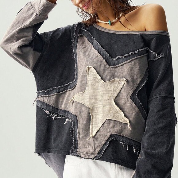 Tops - Casual Women's  Asymmetric Hemline & Patchwork Loose Fit Shirt